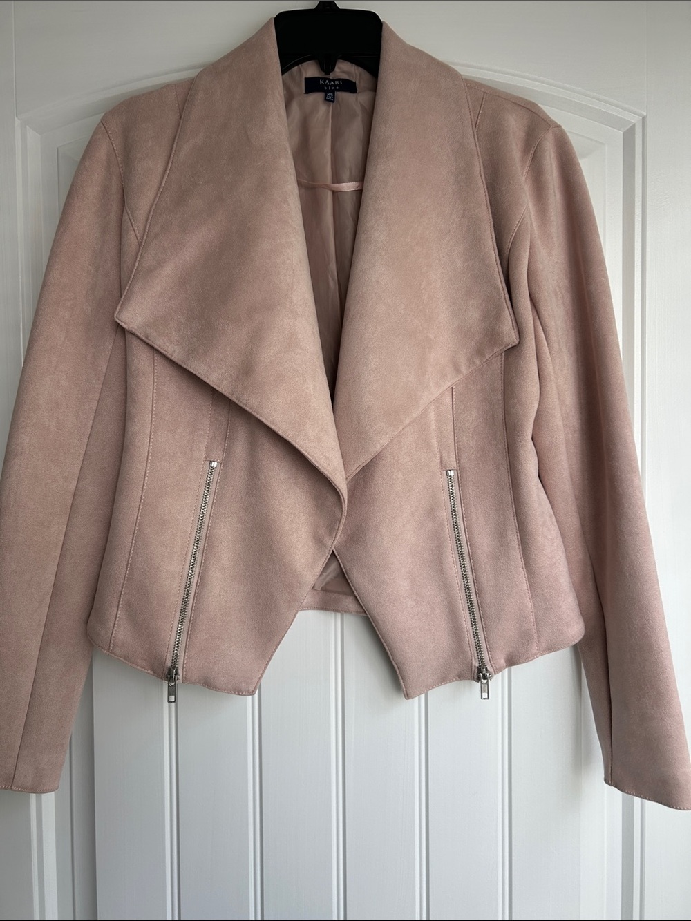 Kaari Blue Blush Pink Suede-Style Drape Front Jacket